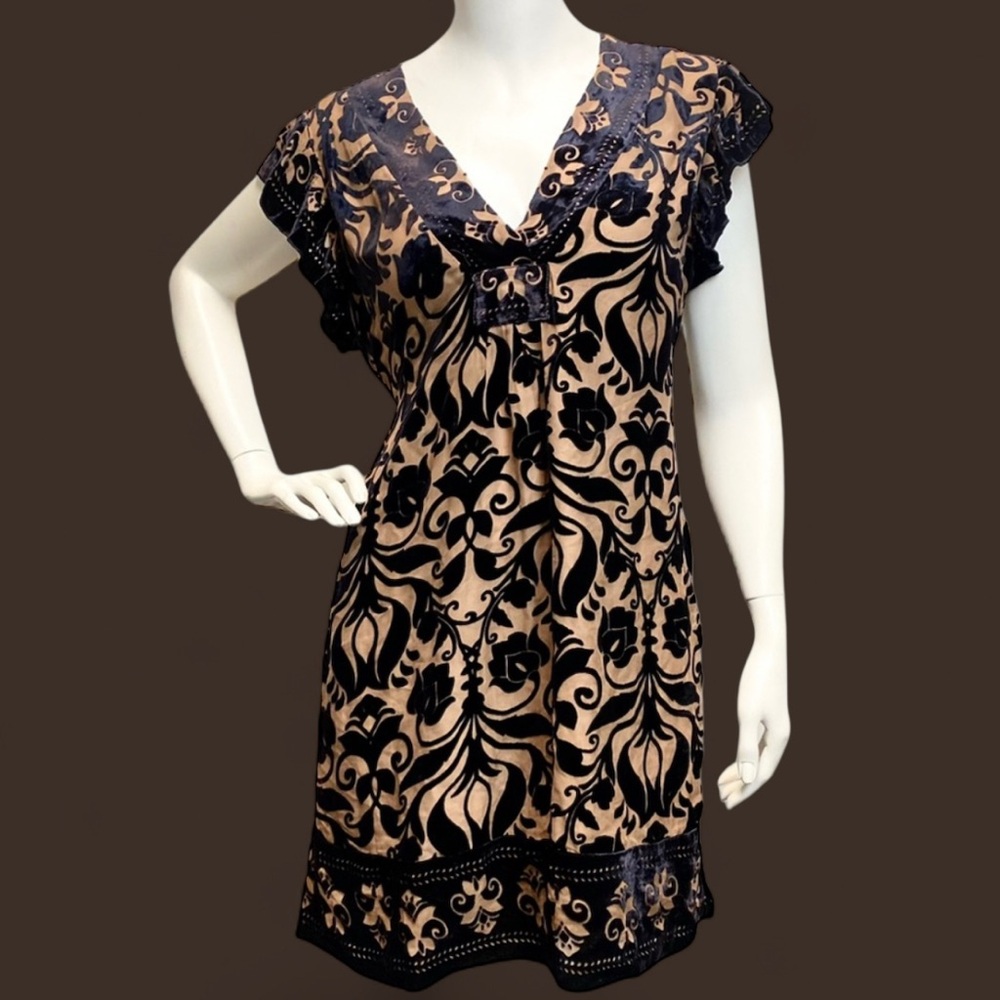 Hale Bob Silk Blend Velvet Burnout Mini Dress Beads Accents Ruffle Sleeves, Sz S